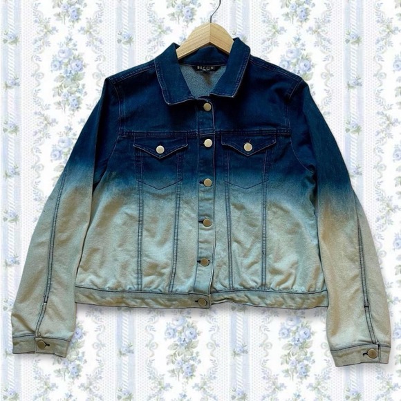 BACCINI Denim Stretch Jean Jacket Blue White Ombré Button Front Chest Pockets L - Picture 2 of 5